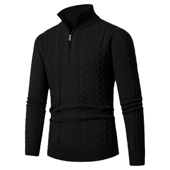 Handshe Men's Solid Color Lapel Knitted Pullover - Warm Casual Long - Sleeved Winter Top with Knitted Jacquard Fabric