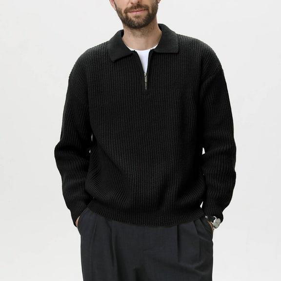 Handshe Men's Solid Color Long Sleeve Full-Zip Sweater, Knit Collar Design for Casual Wear and Winter Outfits