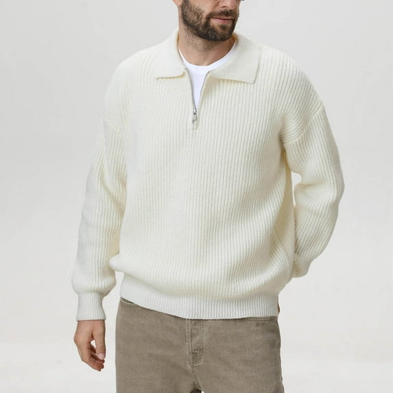 Handshe Men's Solid Color Long Sleeve Full-Zip Sweater, Knit Collar Design for Casual Wear and Winter Outfits