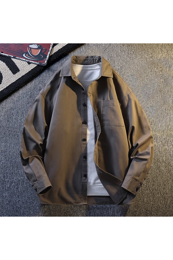 Men's Solid Color Long Sleeve Lapel Button Pocket Jacket, No Hood Casual Outerwear for Everyday Wear and Outdoor Activities