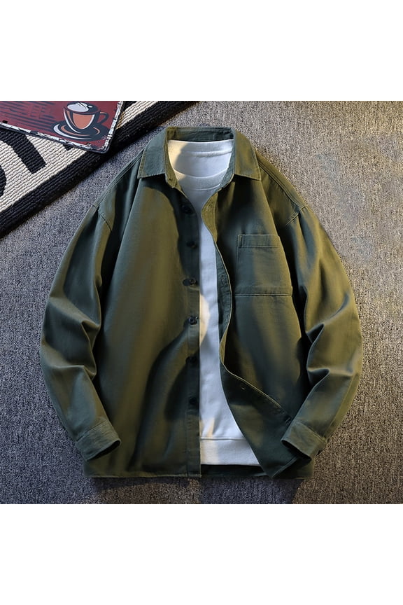Men's Solid Color Long Sleeve Lapel Button Pocket Jacket, No Hood Casual Outerwear for Everyday Wear and Outdoor Activities