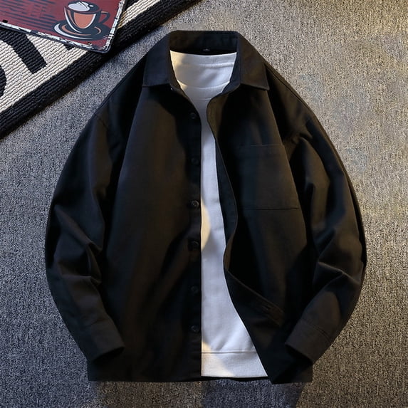 Handshe Men's Solid Color Long Sleeve Lapel Button Pocket Jacket, No Hood Casual Outerwear for Everyday Wear and Outdoor Activities