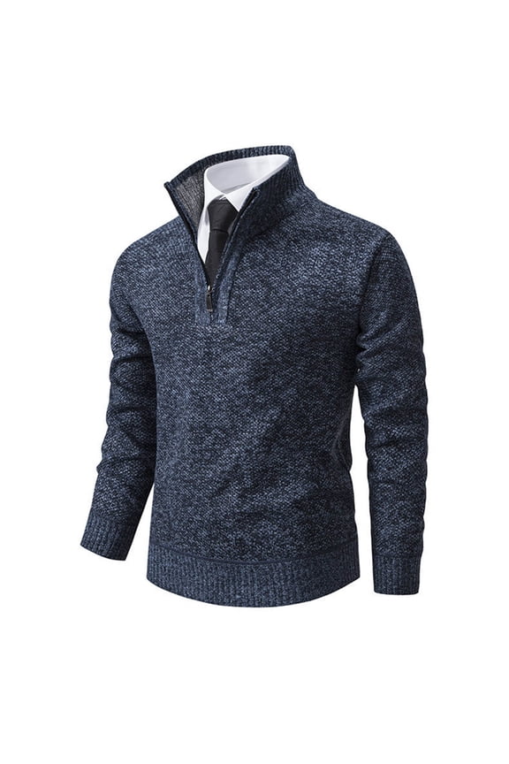 Men's Solid Color Long Sleeve Stand Collar Knit Sweater, Stretch Heavyweight Half-Zip Pullover for Casual Winter Wear and Outdoor Activities