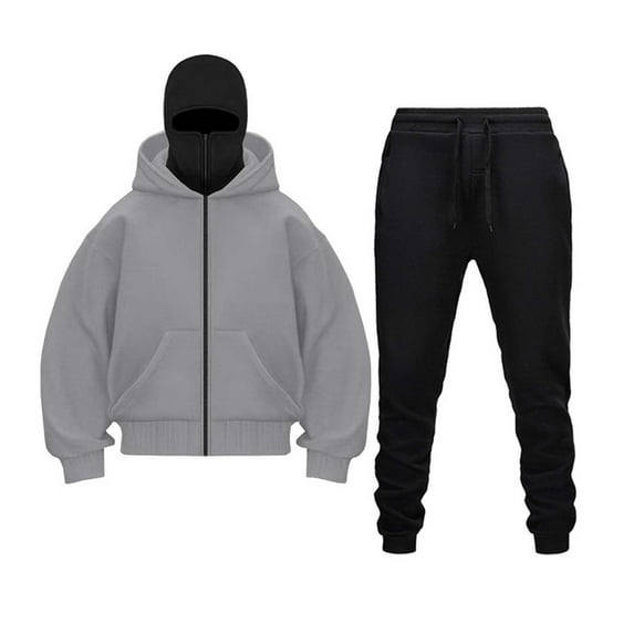 Handshe Men's Solid Color Long Sleeve Zip Hoodie Sweatshirt & Joggers Set, Full-Zip Hooded Athletic Lounge Wear, Casual Gym Outfit for Running Training,Plus Size
