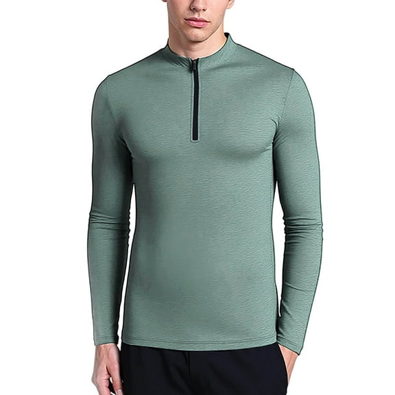 Handshe Men's Solid Color Sport Dry-Fit Half-Zip Long Sleeve Shirt with Stand Collar, Quick-Dry Athletic Top for Men, Workout Hiking Running Performance Apparel