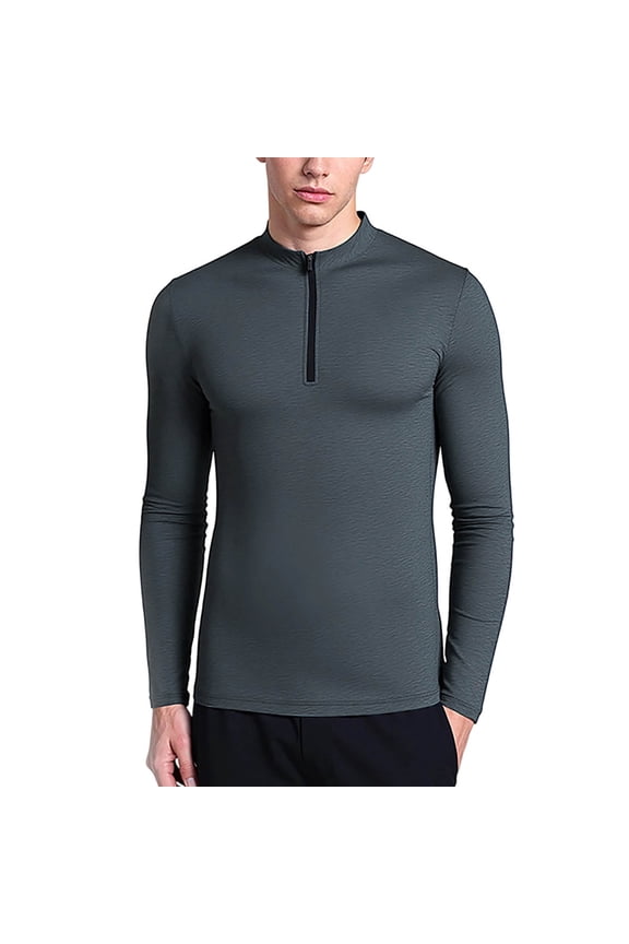 Men's Solid Color Sport Dry-Fit Half-Zip Long Sleeve Shirt with Stand Collar, Quick-Dry Athletic Top for Men, Workout Hiking Running Performance Apparel