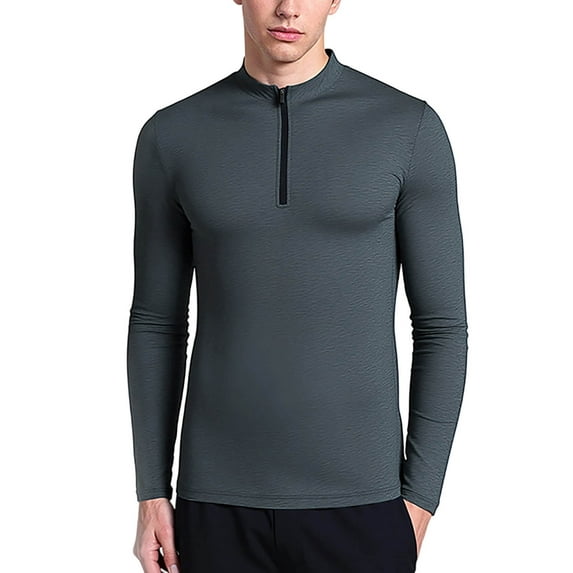 Handshe Men's Solid Color Sport Dry-Fit Half-Zip Long Sleeve Shirt with Stand Collar, Quick-Dry Athletic Top for Men, Workout Hiking Running Performance Apparel