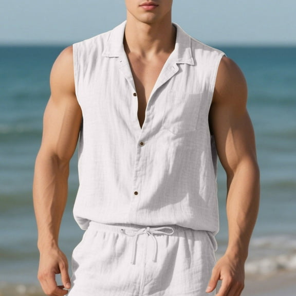 Handshe Men's Solid Color Summer Cotton - Linen Casual Sleeveless Pocket Shirt, Buttoned Lapel Vest Top