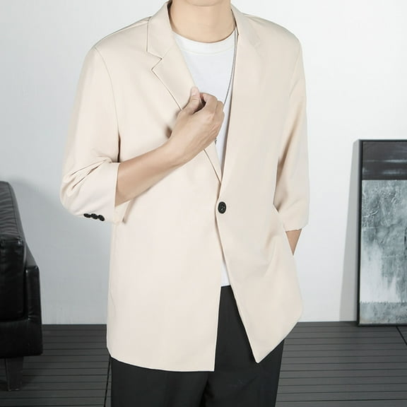 Handshe Men's Solid Color Three-Quarter Sleeve Notched Lapel Shoulder Pads Single-Breasted Drape Fit Pocket Suit Jacket, Modern Office Casual Blazer for Men,Plus Size