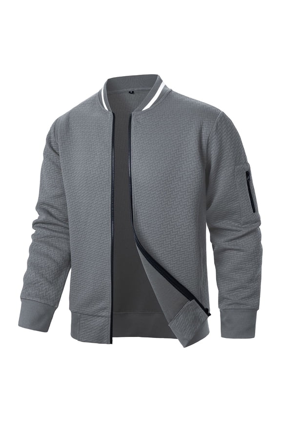 Men's Solid Color Zipper Cardigan Jacket, Full Sleeve Stand Collar Jacquard Design Outerwear for Outdoor Hiking Travel Casual Wear,Plus Size