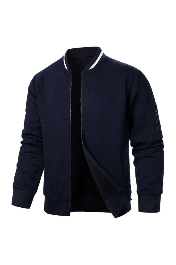 Men's Solid Color Zipper Cardigan Jacket, Full Sleeve Stand Collar Jacquard Design Outerwear for Outdoor Hiking Travel Casual Wear,Plus Size