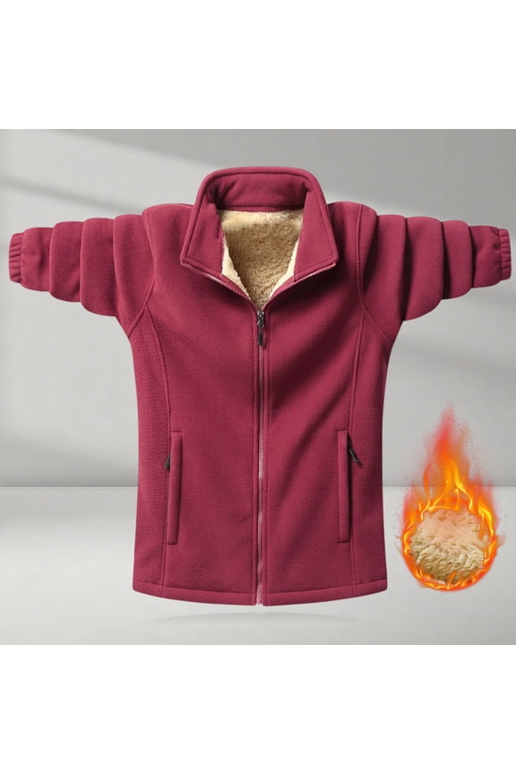 Men's Solid Fleece Long Sleeve Zip-Up Jacket, Thermal Plush Fleece Lining Stand Collar Outdoor Winter Jacket for Hiking Camping Cold Weather,Plus Size