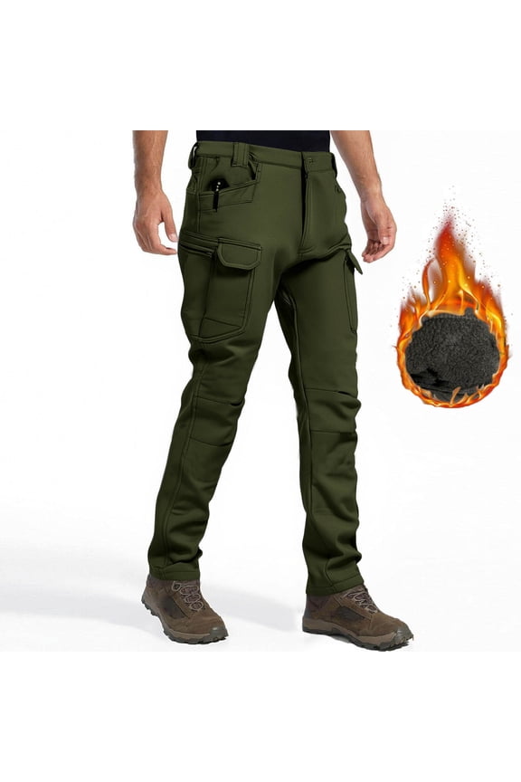 Men's Solid Outdoor Softshell Tactical Pants, Fleece-Lined Thickened Thermal Winter Workwear Cargo Pants with Multi-Pocket for Hiking, Camping, Outdoor Adventures