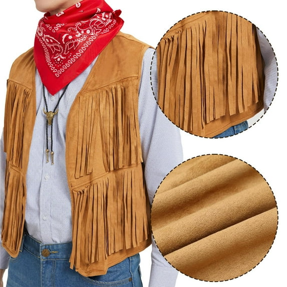 Handshe Men's Solid Sleeveless Fringe Vest Jacket, Western Cowboy Style Suede-Like Fringe Detail, Hippie Casual Outerwear for Western Theme Parties, Hoodless Leisure Coat,Plus Size