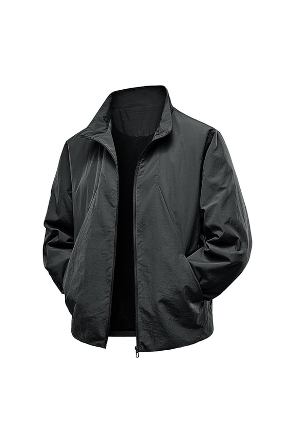 Men's Solid Sport Long Sleeve Jacket, Stand Collar Zipper Pocket Casual Outerwear with No Hood for Outdoor Hiking Daily Wear