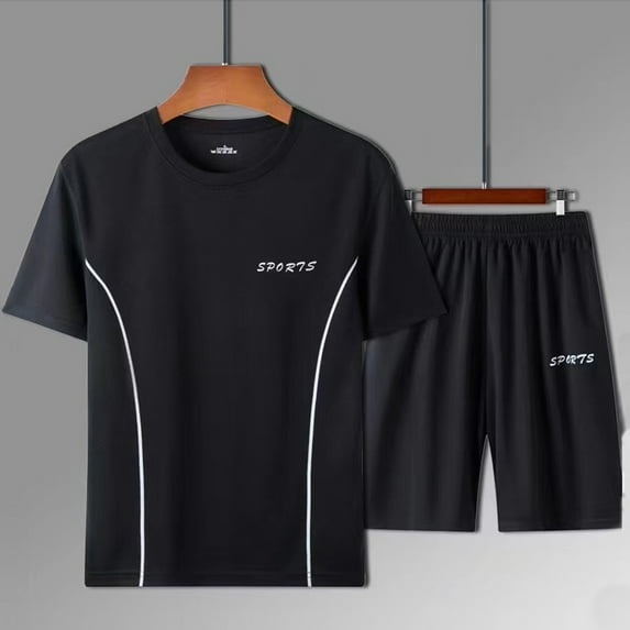 Handshe Men's Sport Outfit, Summer Short Sleeve T-Shirt and Shorts Set, Solid Color Round Neck Activewear for Fitness, Running, Casual Wear,Plus Size