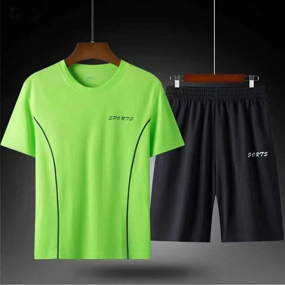 Handshe Men's Sport Outfit, Summer Short Sleeve T-Shirt and Shorts Set, Solid Color Round Neck Activewear for Fitness, Running, Casual Wear,Plus Size