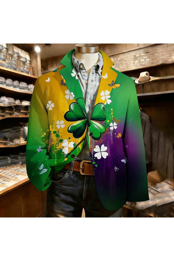 Men's St. Patrick Print Casual Jacket, Long Sleeve Lapel Double Button Coat, Lightweight Breathable Outdoor Jacket for Daily Wear and Casual Style