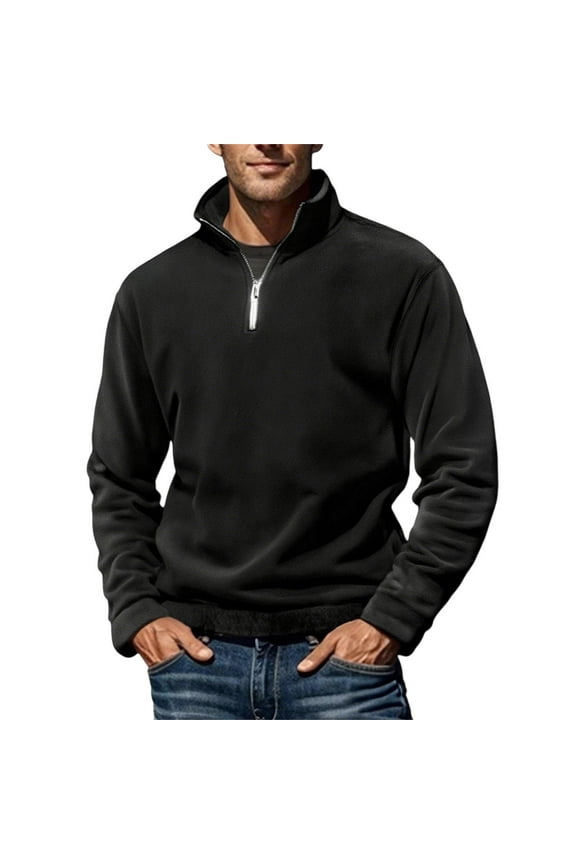 Men's Stand Collar Hooded Sweater, Fall Winter Warm Loose Fit Solid Color Fleece-Lined Pullover, Stylish Casual Outerwear for Outdoor Hiking Camping,Plus Size