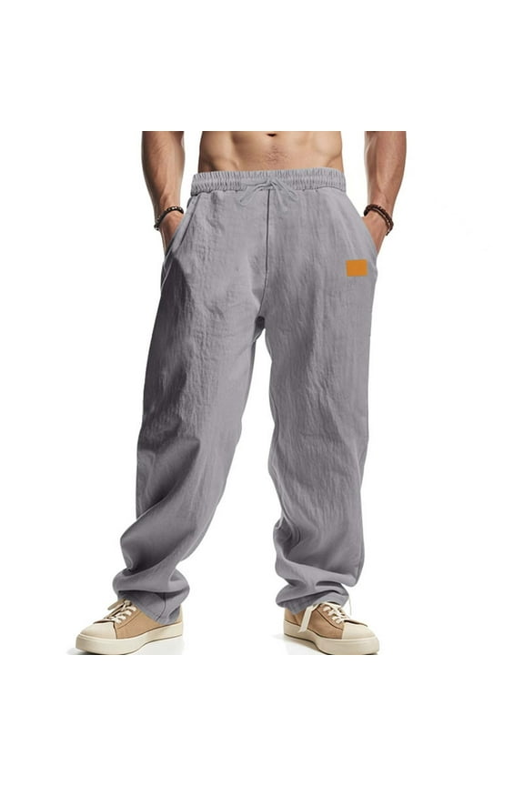 Men's Straight-Fit Casual Pants with Leather Patch Pockets Outdoor Business Beach Pant for Leisure Travel,Plus Size