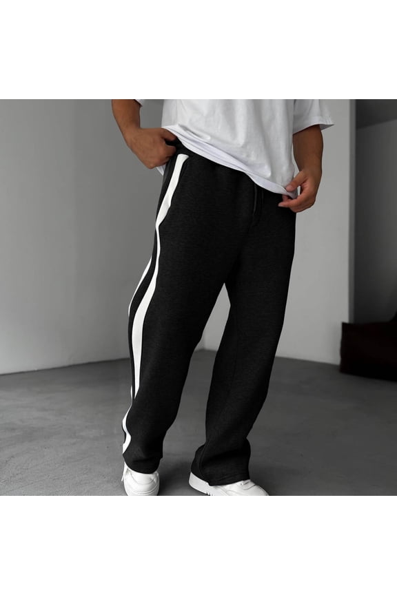 Men's Straight Leg Casual Pants with Color-Block Design, Elastic Waist Drawstring and Pockets for Everyday Wear