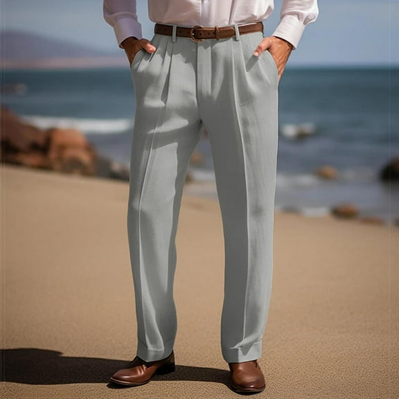 Handshe Men's Straight Leg Outdoor Casual Pants with Zipper Pockets, Solid Color Business Office Wear,Plus Size