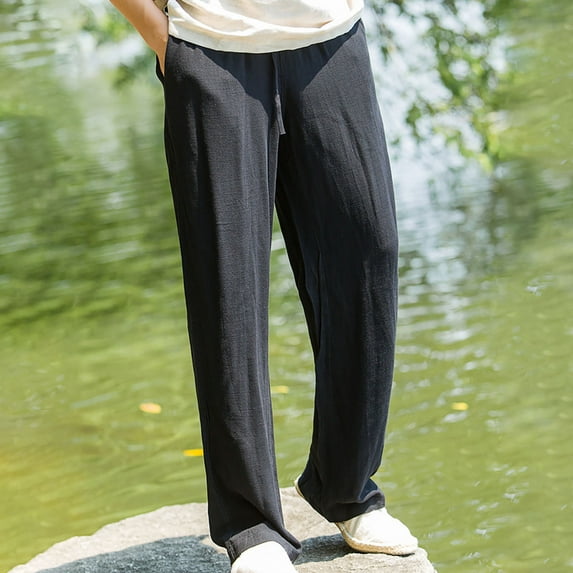 Handshe Men's Straight Leg Pants with Elastic Waist Drawstring Solid Color Casual Comfort Fit