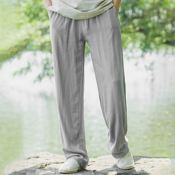 Handshe Men's Straight Leg Pants with Elastic Waist Drawstring Solid Color Casual Comfort Fit