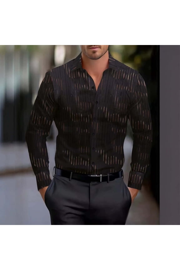 Men's Striped Gold Foil Print Long Sleeve Collared Shirt for Casual and Office Wear