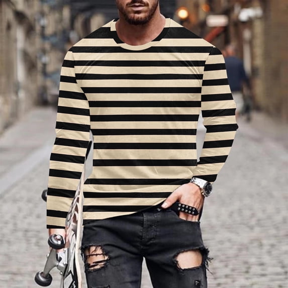 Handshe Men's Striped Print Long Sleeve Round Neck T-Shirt, Breathable Comfortable Casual Top for Daily Wear, Streetwear Style Fashion Apparel,Plus Size