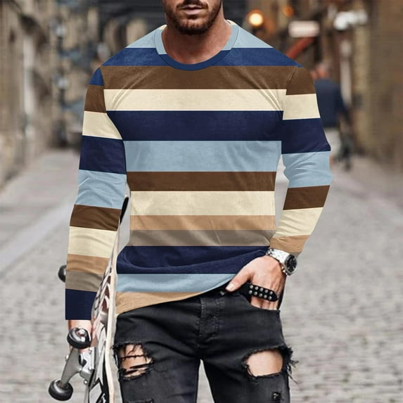 Handshe Men's Striped Print Long Sleeve T-Shirt, Round Neck Pullover Comfortable Top for Casual Everyday Wear and Outdoor Activities,Plus Size
