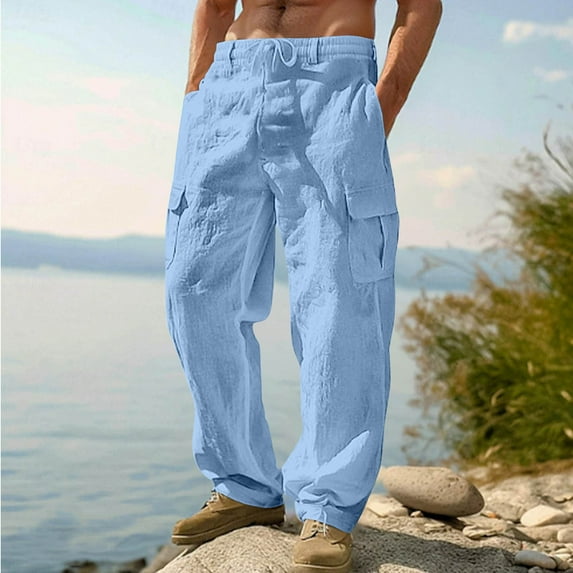 Handshe Men's Stylish Cargo Casual Straight-Leg Pants with Multi-Pockets and Drawstring, Solid Color Outdoor Leisure Wear
