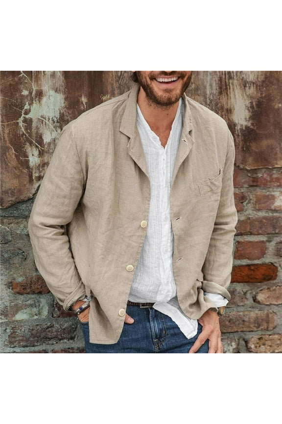 Men's Stylish Cotton - Linen - Like Solid Long - Sleeve Turndown Collar Casual Blazer