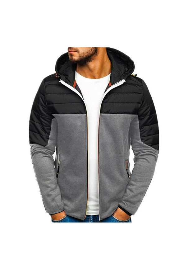 Men's Stylish Patchwork Hooded Jacket - Casual Long - Sleeve Zipper Coat with Pockets
