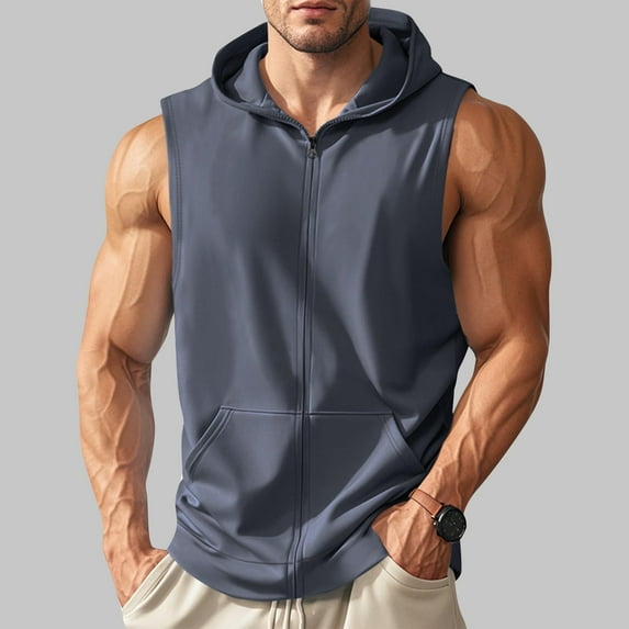Handshe Men's Stylish Solid - Color Versatile Sleeveless Hooded Casual Outwear Jacket