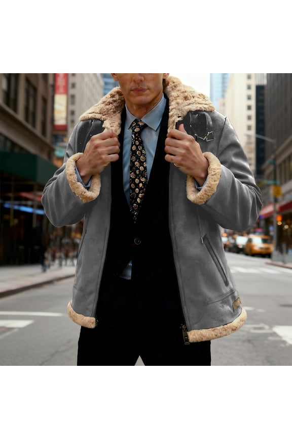 Men's Suede & Lambswool Jacket, Solid Color with Hooded Design and Utility Pockets, Thickened Warm Coat for Autumn and Winter Outdoor Casual Wear