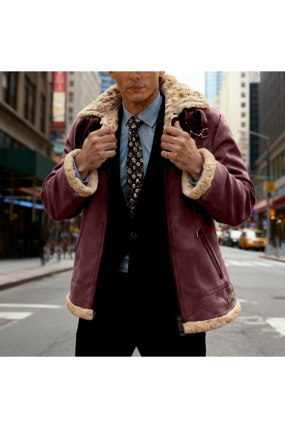 Men's Suede & Lambswool Jacket, Solid Color with Hooded Design and Utility Pockets, Thickened Warm Coat for Autumn and Winter Outdoor Casual Wear