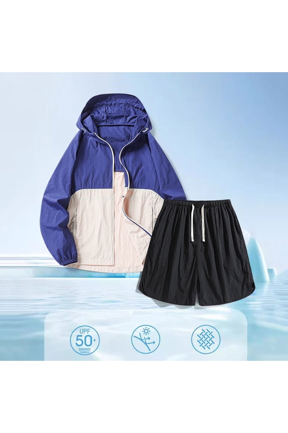 Men's Summer Color Block Hooded Jacket & Shorts Set, Breathable Zipper Design, UPF 50+ Sun Protection Athletic Outdoor Set for Fishing Hiking and More,Plus Size