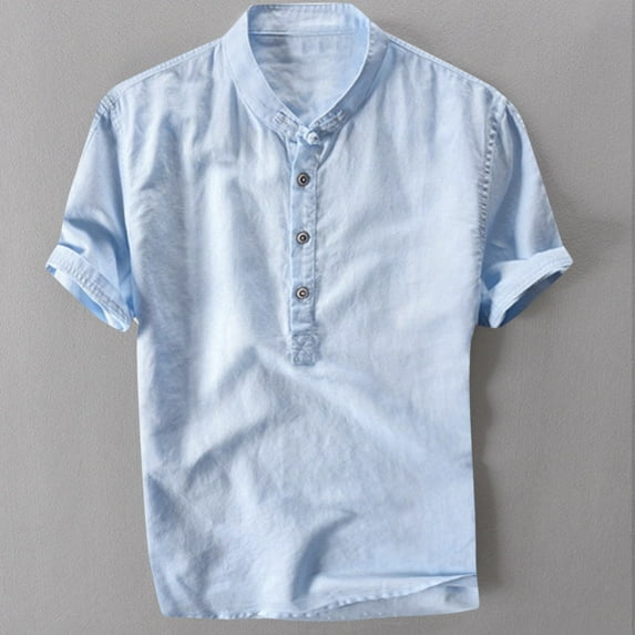 Handshe Men's Summer Cool Thin Breathable Stand - Collar Gradient - Dyed Cotton - Linen Shirt
