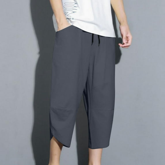 Handshe Men's Summer Elastic Waist Cropped Pants with Drawstring and Solid Pockets - Breathable Lightweight Casual Outdoor Wear