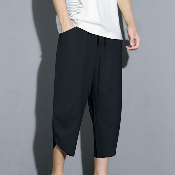 Handshe Men's Summer Elastic Waist Cropped Pants with Drawstring and Solid Pockets - Breathable Lightweight Casual Outdoor Wear