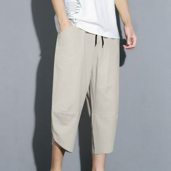 Handshe Men's Summer Elastic Waist Cropped Pants with Drawstring and Solid Pockets - Breathable Lightweight Casual Outdoor Wear