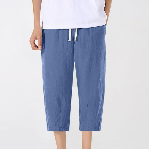 Handshe Men's Summer Elastic Waist Cropped Pants with Drawstring and Solid Pockets - Casual Comfortable Outdoor Shorts