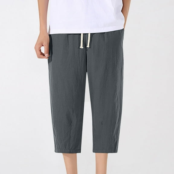 Handshe Men's Summer Elastic Waist Cropped Pants with Drawstring and Solid Pockets - Casual Comfortable Outdoor Shorts