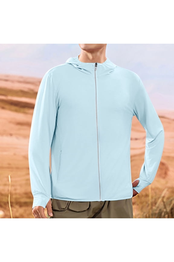 Men's Summer Outdoor Hooded Long Sleeve Sun Protection Jacket, Lightweight Thin UPF 50+ Solid Color Pockets Jacket for Hiking Camping Outdoor Activities,Plus Size