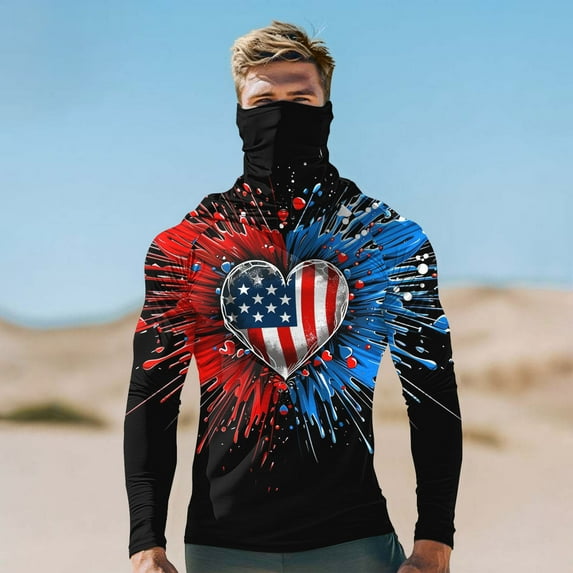 Handshe Men's Summer Print Hooded Shirt, Lightweight Breathable UPF 50+ UV Protection Simple Design, Outdoor Hiking Running Sun Protective Hooded Top,Plus Size