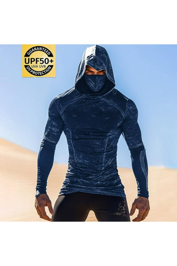 Men's Summer Print Hooded Sun Protection Shirt, Lightweight Breathable UPF 50+ UV Blocking Simple Design Long Sleeve Shirt for Hiking Running Daily Wear,Plus Size