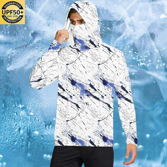 Handshe Men's Summer Print Lightweight Breathable Sun Hoodie, UPF 50  UV Protection Athletic Hooded Jacket with Built-in Fingerless Gloves for Outdoor Hiking Running Climbing,Plus Size