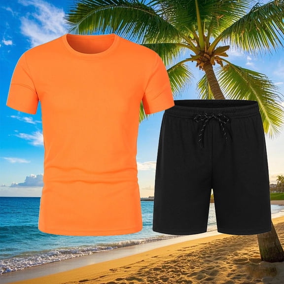 Handshe Men's Summer Solid - Color Casual Runninging Shorts Set with Short - Sleeved Top