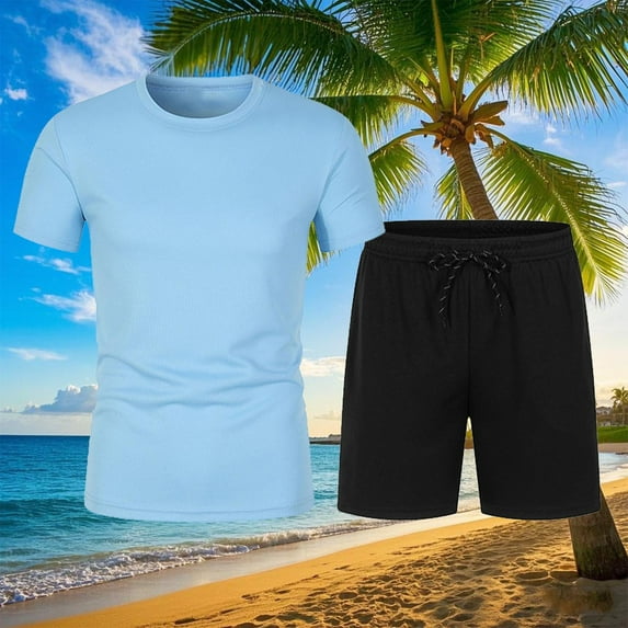 Handshe Men's Summer Solid - Color Casual Runninging Shorts Set with Short - Sleeved Top